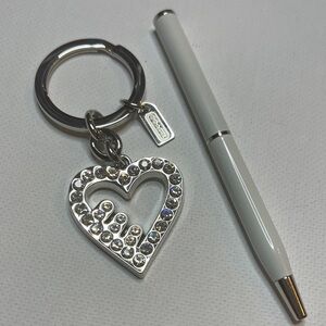 Coach Poppy Silver Heart Keychain with Crystals and White Coach Pen